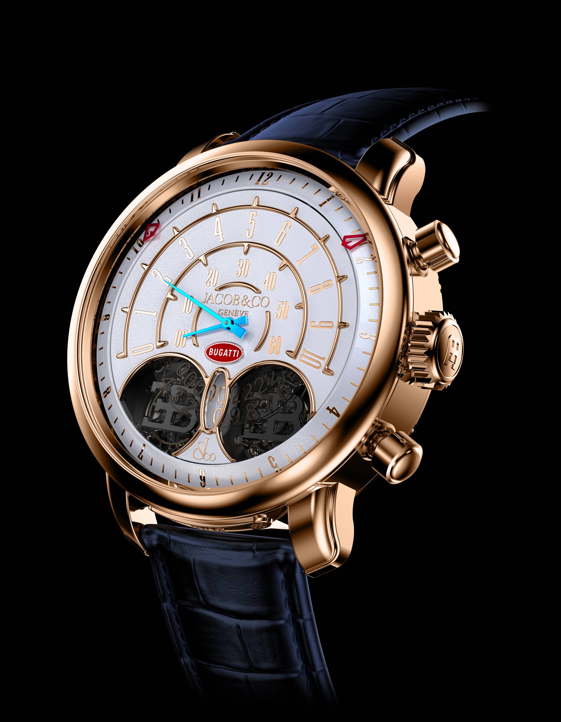 Jean Bugatti timepiece in Rose gold and white, from Jacob & Co