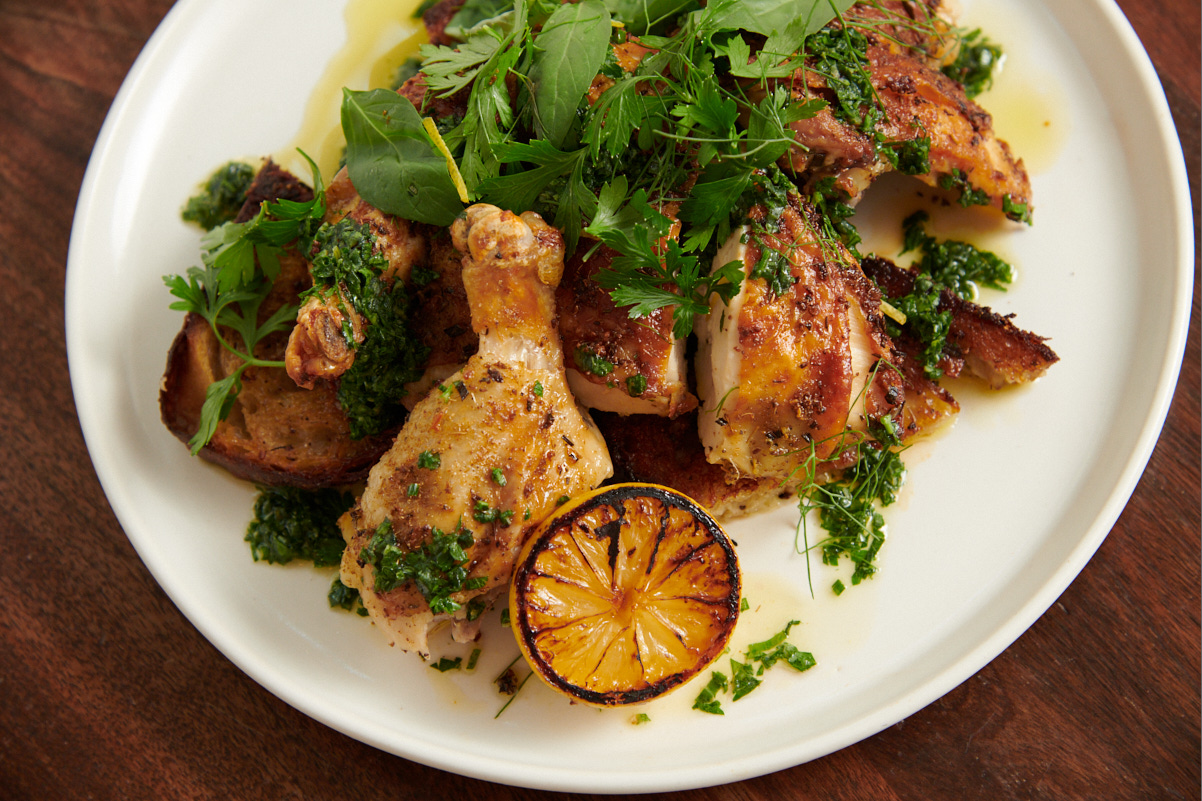 Roast Chicken with Pan Bread, Fennel and Salsa Verde from the Musket Room in NYC