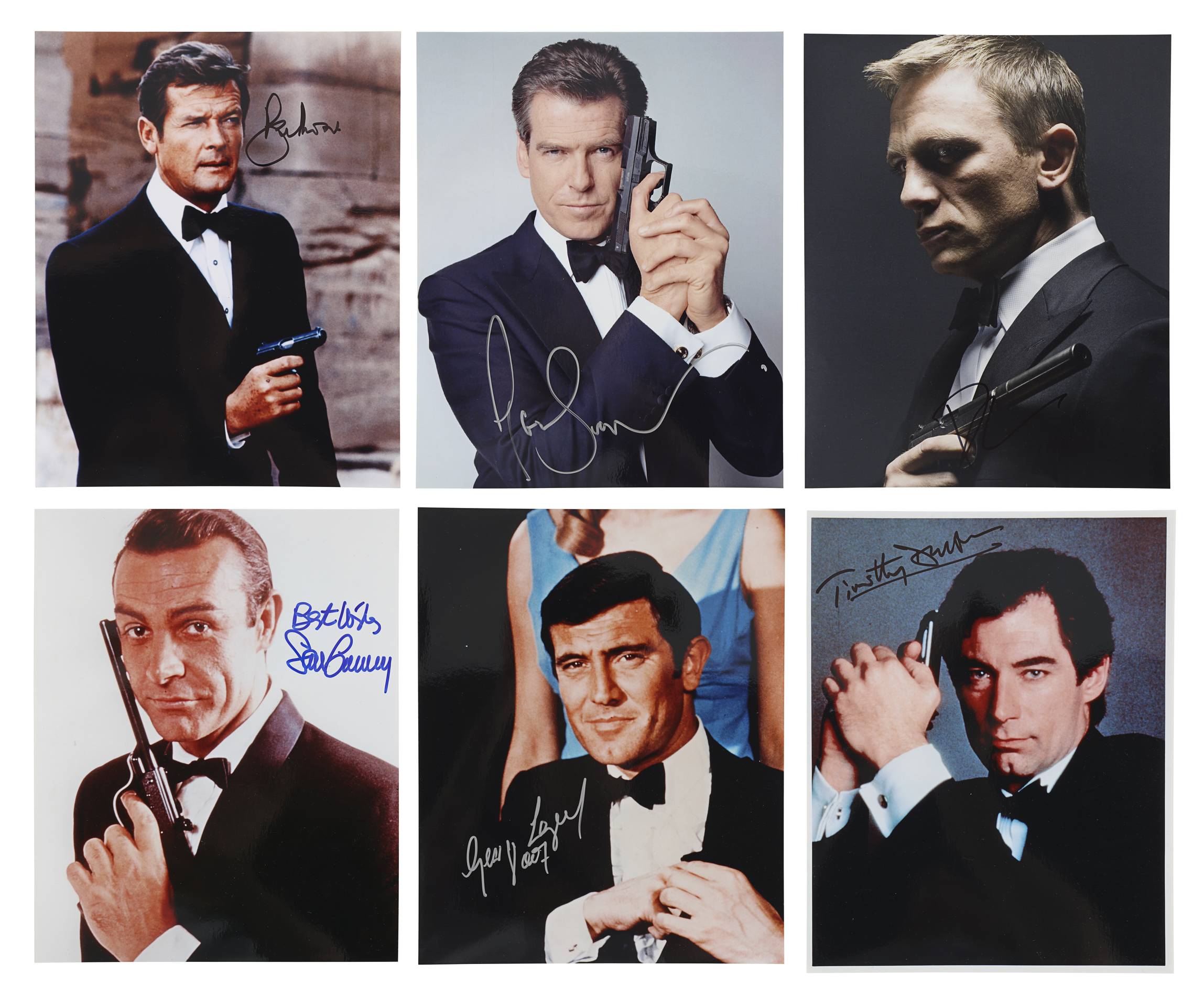 Autographed portraits of James Bond actors through the decades