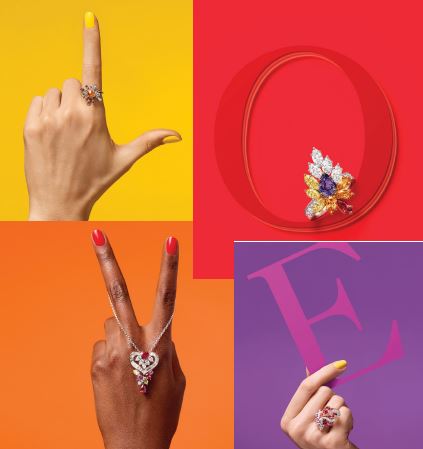 Clockwise from top left: Harry Winston Sparks ring with spessartite garnet, aquamarine, ruby, pink sapphire, blue sapphire and diamond set in 18K yellow gold platinum; Dancing Flames ring with one 1.18-carat pear-shaped Madagascar purple sapphire, spessartite garnet, ruby, fancy yellow diamond and diamond set in 18K yellow gold platinum; Sweet Heart ring with ruby, pink sapphire and diamond set in 18K rose gold platinum; and Winston Promise pendant with ruby, pink sapphire, yellow diamond and diamond set in 18K rose gold platinum; all from the Winston With Love collection. PHOTOS COURTESY OF BRAND