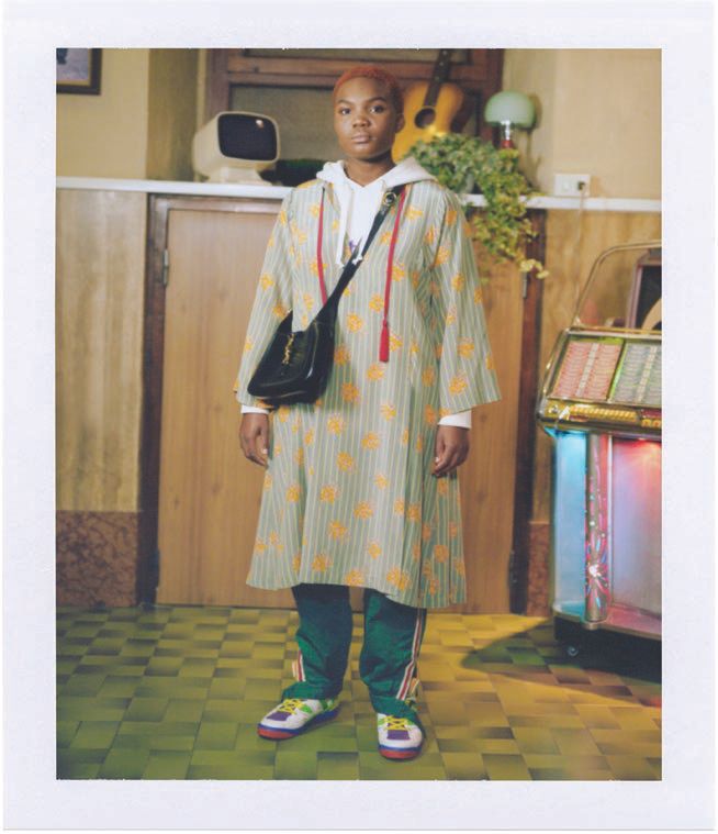 Gucci Avio-multicolor olive stripes printed crepe de chine tunic top and Shamrock-multicolor military cotton drill-treated long pants with elastic waistband PHOTO COURTESY OF BRANDS