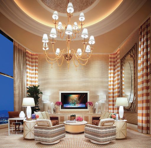 The living room in Encore’s three-bedroom duplex ENCORE AND WYNN ESPLANADE PHOTO BY BARBARA KRAFT
