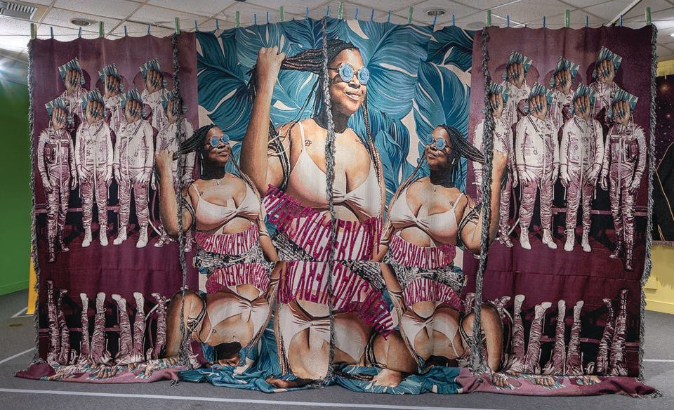 “Gilda Trinity” (2021, digitally woven blankets with hand-sewn sequins and glitter) PHOTO COURTESY OF: THE CALIFORNIA AFRICAN AMERICAN MUSEUM