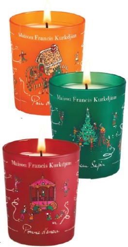 From top: Maison Francis Kurkdjian scented candles in Pain d’épices, Mon beau Sapin and Pomme d’amour. PHOTO COURTESY OF BRAND