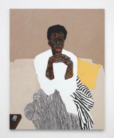 Amoako Boafo, “Yellow Throw Pillow” (2021, oil on canvas) PHOTO BY PAUL SALVESON ©AMOAKO BOAFO, 2021/COURTESY OF THE ARTIST AND ROBERTS PROJECTS LOS ANGELES