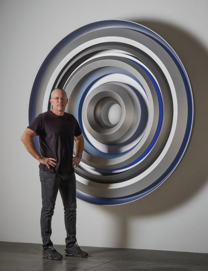 The artist in his studio with “Portal Variant 2” (2021). PHOTO BY: LANCE GERBER