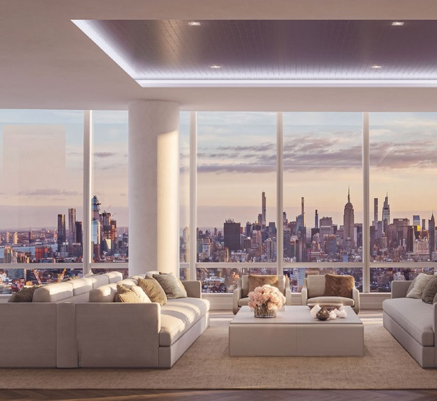 The 64-story 111 Murray St. is wrapped in elegant curved glass and culminates in a crown shape at its peak, where Penthouse 2 awaits. RENDERINGS BY DBOX