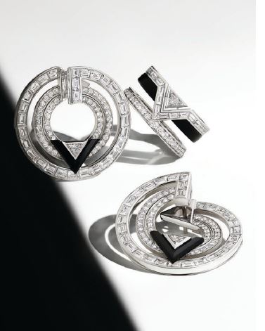 earrings and ring in white gold, diamonds and onyx; all from the Pure V collection. PHOTOS COURTESY OF BRAND