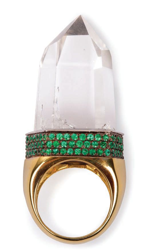 Kimberly McDonald one-of-a-kind 87.5-carat crystal quartz point ring with 1.83-carat pave emerald base set in 18K green gold with black rhodium finish PHOTO COURTESY OF BRANDS