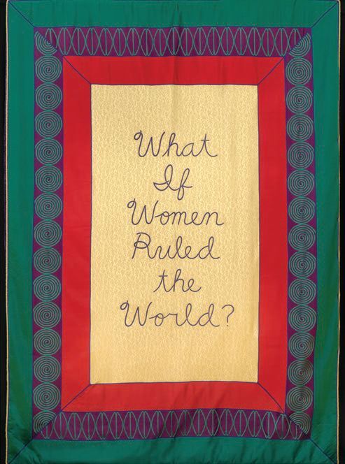 “What if Women Ruled the World?” from The Female Divine (2020, embroidery and brocade on velvet-backed fabric) PHOTO: DONALD WOODMAN/ARTISTS RIGHTS SOCIETY (ARS), NEW YORK © JUDY CHICAGO/ARTISTS RIGHTS SOCIETY (ARS). JORDAN SCHNITZER FAMILY FOUNDATION, JUDY CHICAGO PORTRAIT, 2023. © DONALD WOODMAN/ARTISTS RIGHTS SOCIETY (ARS), NEW YORK.
