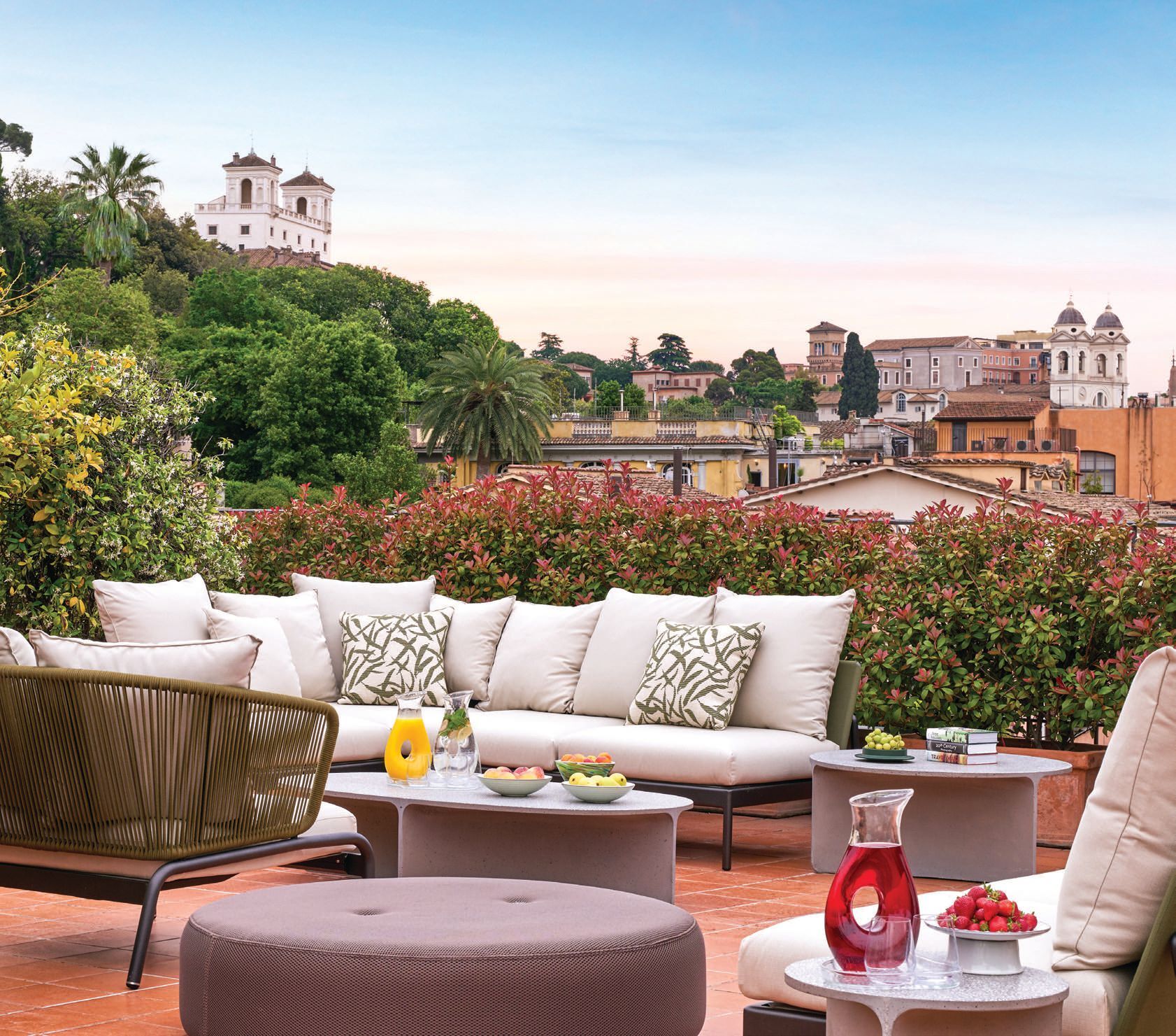 The terrace of Hotel de Russie’s recently debuted Nijinsky Suite offers
sweeping views over Rome’s rooftops. PHOTO COURTESY OF ROCCO FORTE HOTELS