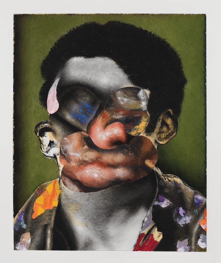 Nathaniel Mary Quinn, “Popeye” (2021, black charcoal, gouache, soft pastel on Coventry vellum paper), 18 inches by 15 inches. “POPEYE” PHOTO BY ROB MCKEEVER, © NATHANIEL MARY QUINN, COURTESY OF GAGOSIAN