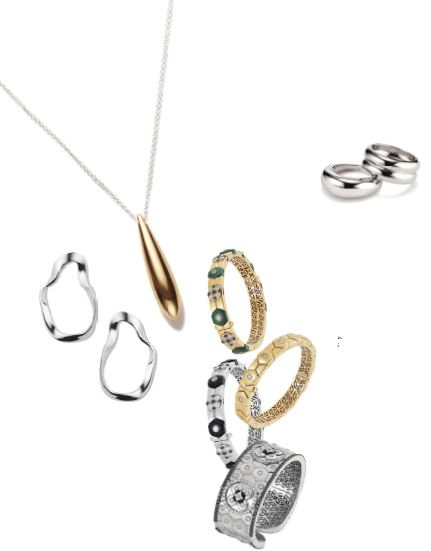 Clockwise from top left : AGMES double-chain Audrey pendant; AGMES domed ridge ring set; AGMES small Vera earrings. Bracelets, from top: Baia Sommersa bracelet in 18K yellow gold with white and black diamonds; Baia Sommersa bracelet in 18K yellow gold with white diamonds; Baia Sommersa bracelet in 18K white gold with white and black diamonds; Baia Sommersa large bracelet in 18K white gold with white and black diamonds, all by Miseno. KRISTIN HANSON PHOTOS BY HELENA PALAZZI