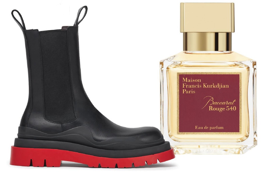 “My signature scent is Maison Francis Kurkdjian Baccarat,” he says; “My favorite shoe is the Bottega Veneta Tire boot. For me, fashion is always about keeping it sexy and comfortable.” PRODUCT PHOTOS COURTESY OF BRANDS.