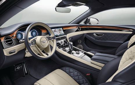 The Continental GT’s handcrafted interior features some 1.7 miles of thread, with the steering wheel alone taking some three and a half hours to stitch. PHOTO COURTESY OF BRANDS