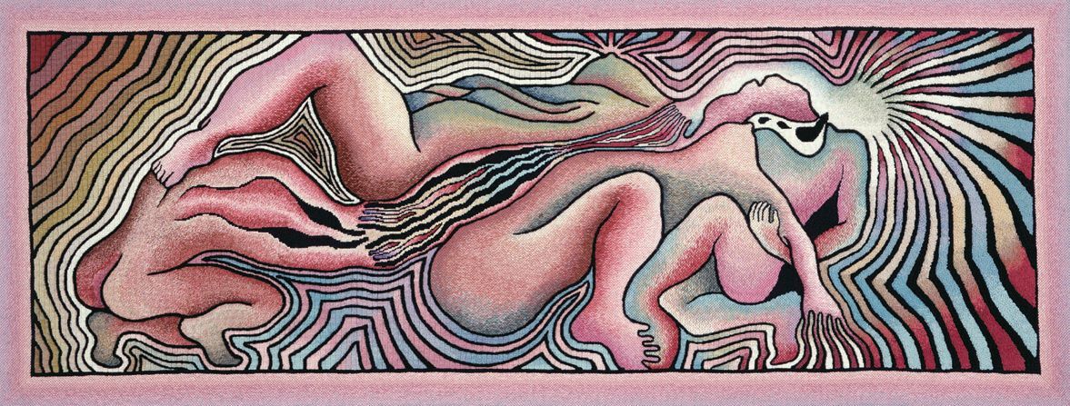 Judy Chicago, “Birth Trinity: Needlepoint 1” from the Birth Project (1983, needlepoint on mesh canvas) PHOTO © JUDY CHICAGO/ARTISTS RIGHTS SOCIETY (ARS), NEW YORK. THE GUSFORD COLLECTION.