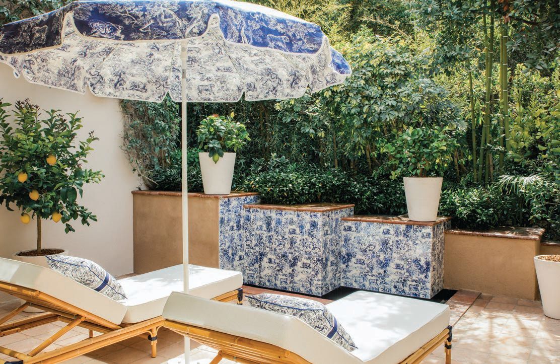 Areas for lounging nestled in the privacy of the hotel’s gardens offer umbrellas and chaises clad in Dior’s iconic toile de Jouy. PHOTO COURTESY OF BRAND