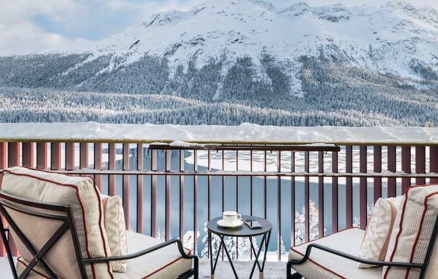 gorgeous lake and mountain views from the St. Moritz Suite; PHOTO COURTESY OF BADRUTT ’S PALACE HOTEL
