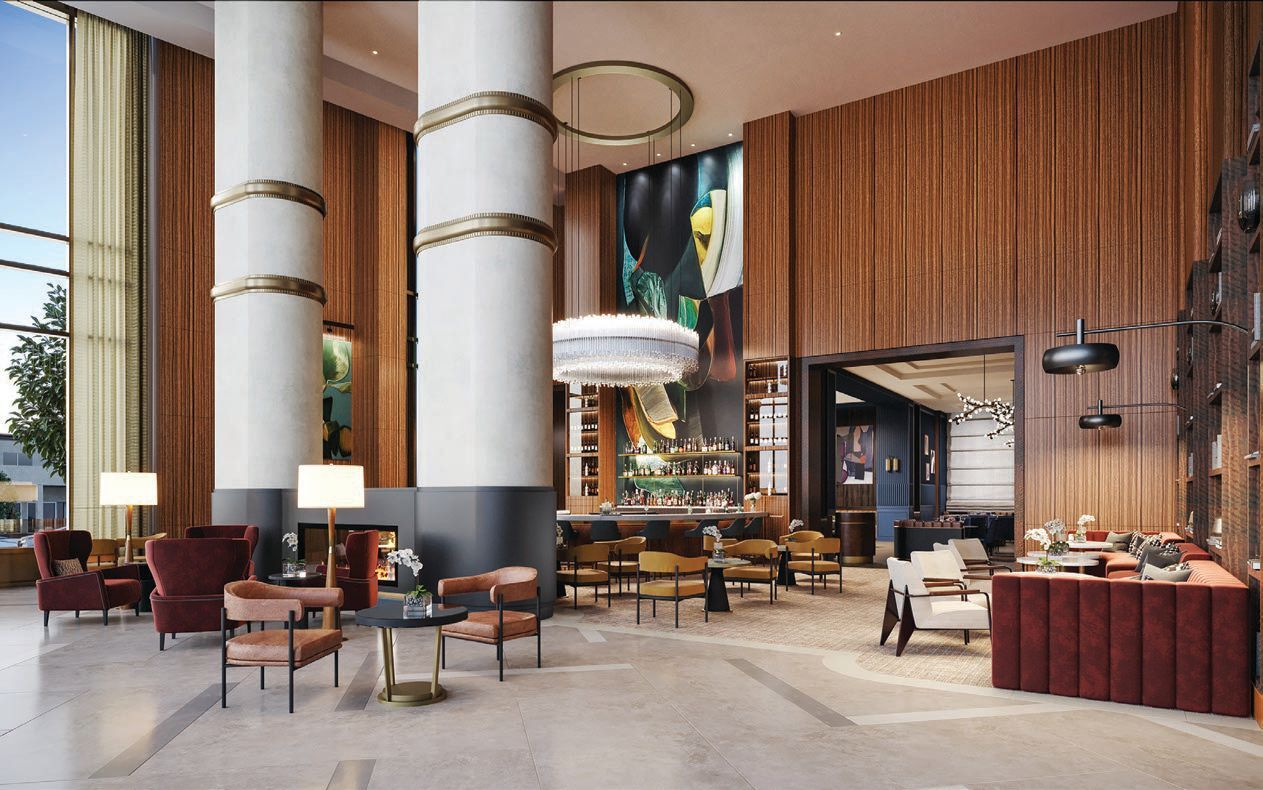 The Conrad Nashville (opened in June 2022) embraces locality and Nashville’s creative cultural scene with local artwork blended with a rich palette of dark woods, brass, bronze. PHOTO COURTESY OF BRAND