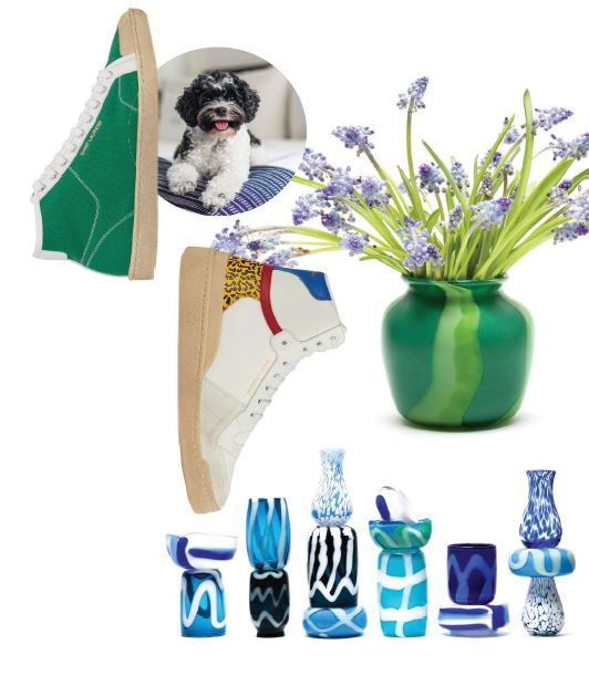 Clockwise from top left : “Saint Laurent sneakers are my favorite shoe,” says Arnhold; Arnhold’s dog and stylish sidekick, Bird; Paul Arnhold Glass vases come in a full spectrum of colors. PRODUCT PHOTOS COURTESY OF BRANDS.