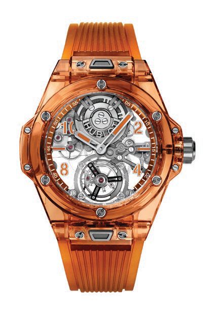 With the world’s very first case in orange sapphire, this offering is sure to stand out. Big Bang Tourbillon Automatic Orange Sapphire PHOTO COURTESY OF BRAND