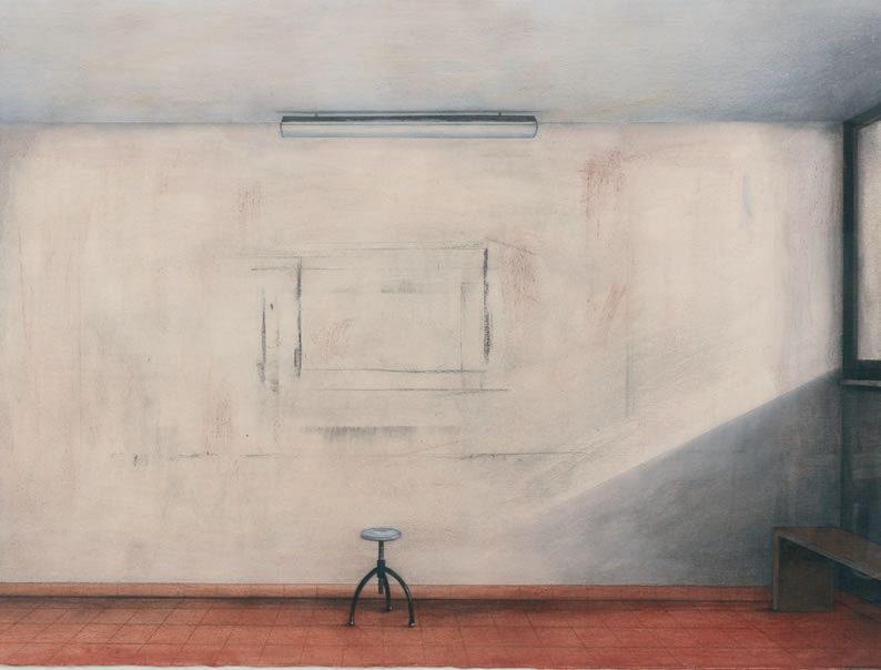 Eduard Angeli, “The Studio” (2017, charcoal and sanguine on burlap), 74.8 inches by 94.5 inches PHOTO COURTESY OF THE SOCIETY OF THE FOUR ARTS PALM BEACH