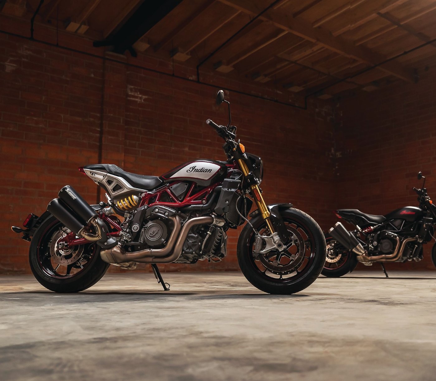 The new FTR R Carbon motorcycle and first-ever kids minibike make quite a pair. PHOTO COURTESY OF BRAND