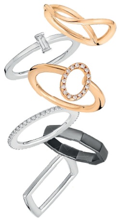 From top: 18K rose gold ring; 18K white gold ring with one baguette-cut diamond; 18K rose gold ring with 16 brilliant-cut diamonds; 18K white gold ring with 47 brilliant-cut diamonds; 18K white gold rhodium-plated black ring; 18K white gold ring. PHOTO COURTESY OF BRAND