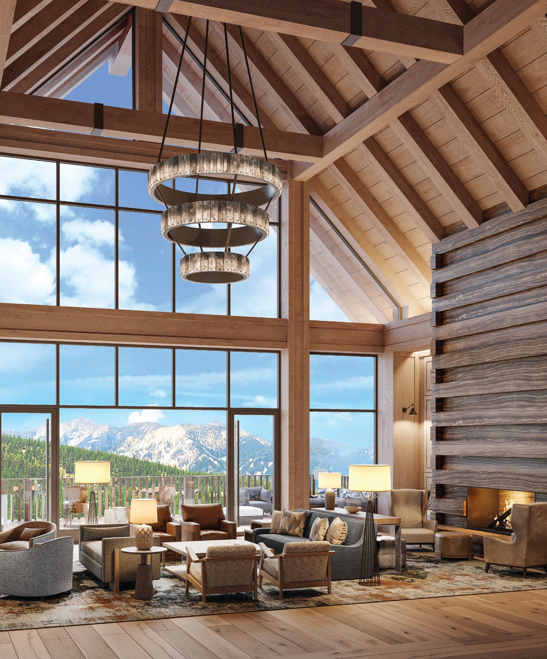 Views of the spectacular Spanish Peaks abound from the cozy interiors at Montage Big Sky. MONTAGE BIG SKY PHOTO COURTESY OF BRAND; SKI PHOTO COURTESY OF BIG SKY RESORT