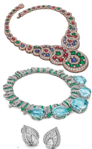 From top: BVLGARI Mediterranean Queen High Jewelry necklace in platinum with one cushion Paraíba tourmaline (153.91 carats), four oval Paraíba tourmalines (319.91 carats), 11 pear emeralds (12.76 carats), 334 buff -top emeralds (33.21 carats), 81 round brilliant-cut diamonds and pavéset diamonds (65.67 carats); BVLGARI Baroque Spiral High Jewelry necklace in pink gold with 22 round sapphires (20.31 carats), 21 round emeralds (21.95 carats), 22 round rubies (18.61 carats), 38 round brilliant-cut diamonds and pavéset diamonds (41.62 carats); BVLGARI Diamond’s Passion High Jewelry earrings in platinum with two pear diamonds (2.58 carats), 16 fancy shape diamonds (1.74 carats) and pavé-set diamonds (1.21 carats). PHOTOS COURTESY OF BVLGARI