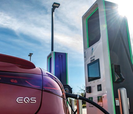 A DC fast charger brings the EQS sedan from 10% to 80% charged in just 35 minutes. PHOTO COURTESY OF BRAND