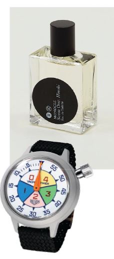 “My signature scent is Monocle Scent One: Hinoki,” Carlson says; “For my favorite watch, it’s a three-way tie: Rowing Blazers x Seiko Rally Bezel, Rolex Domino’s Air King and my Heuer Yacht Timer [pictured],” he says. “Someone recently gave me a USPS government-issue watch from the ’90s for mailmen. That’s pretty cool too.”  PRODUCT PHOTOS COURTESY OF BRANDS.