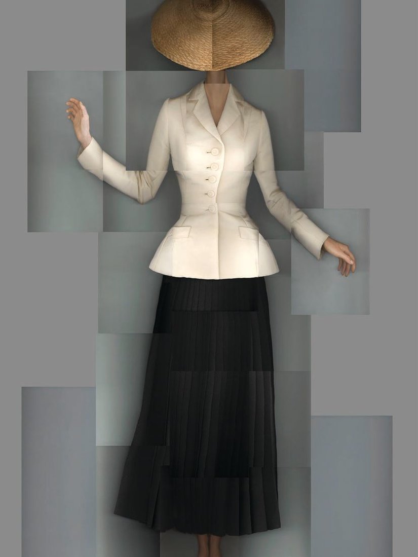 Christian Dior (French, 1905-1957), Bar suit, afternoon ensemble with an ecru natural shantung jacket and black pleated wool crepe skirt, haute couture spring/summer 1947, Corolle line, Dior Héritage collection, Paris
