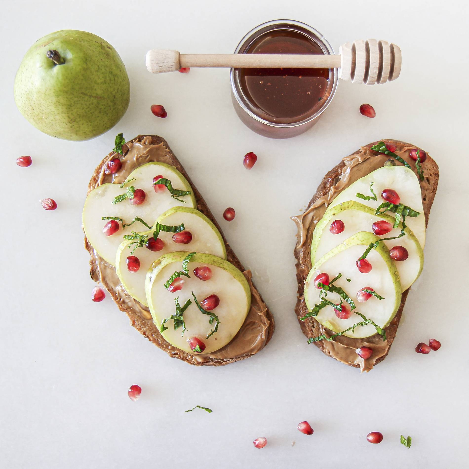 chop happy's open-faced homemade peanut butter and pear sandwich