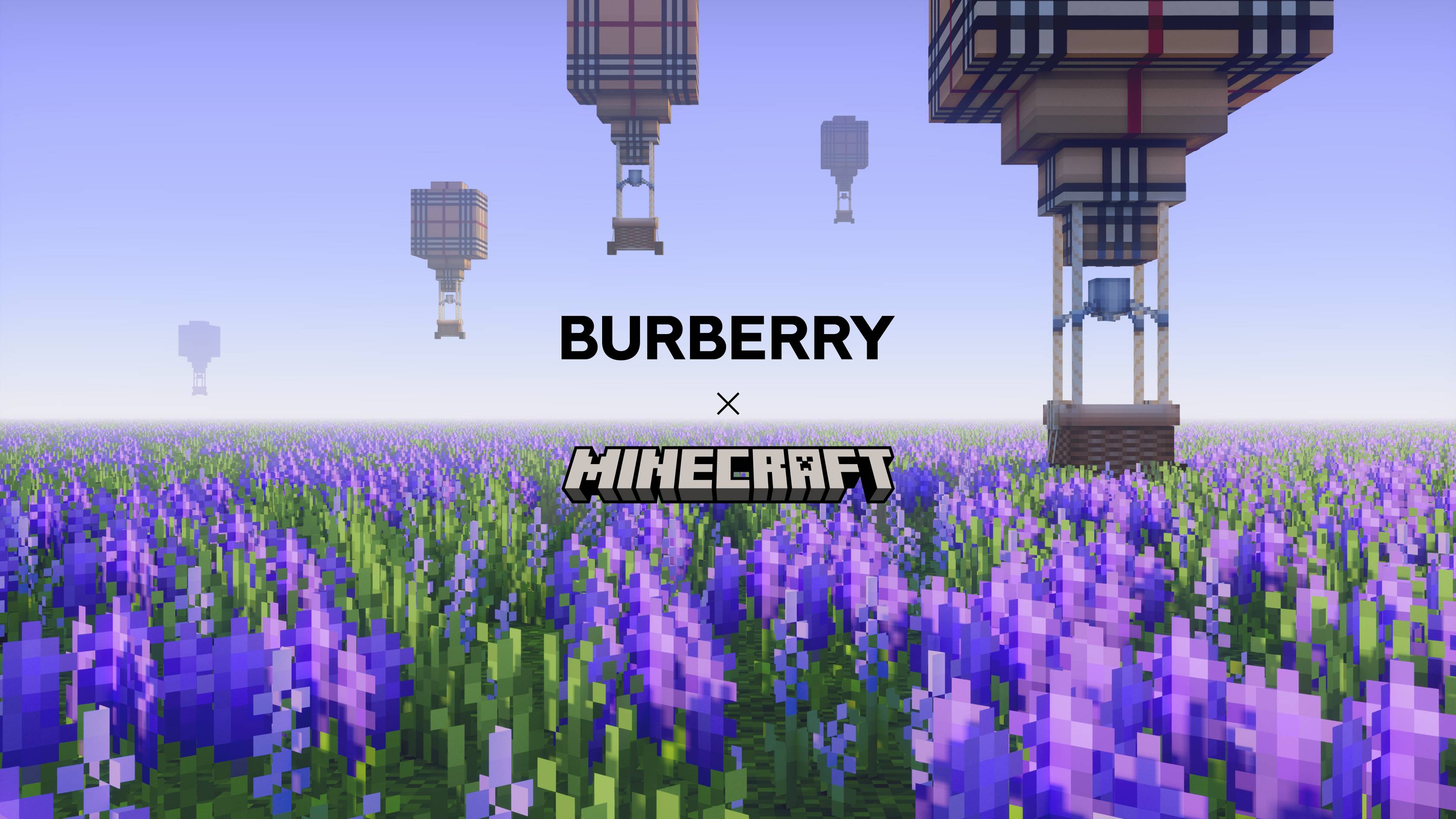 pixelated burberry hot air balloons soaring over a minecraft landscape
