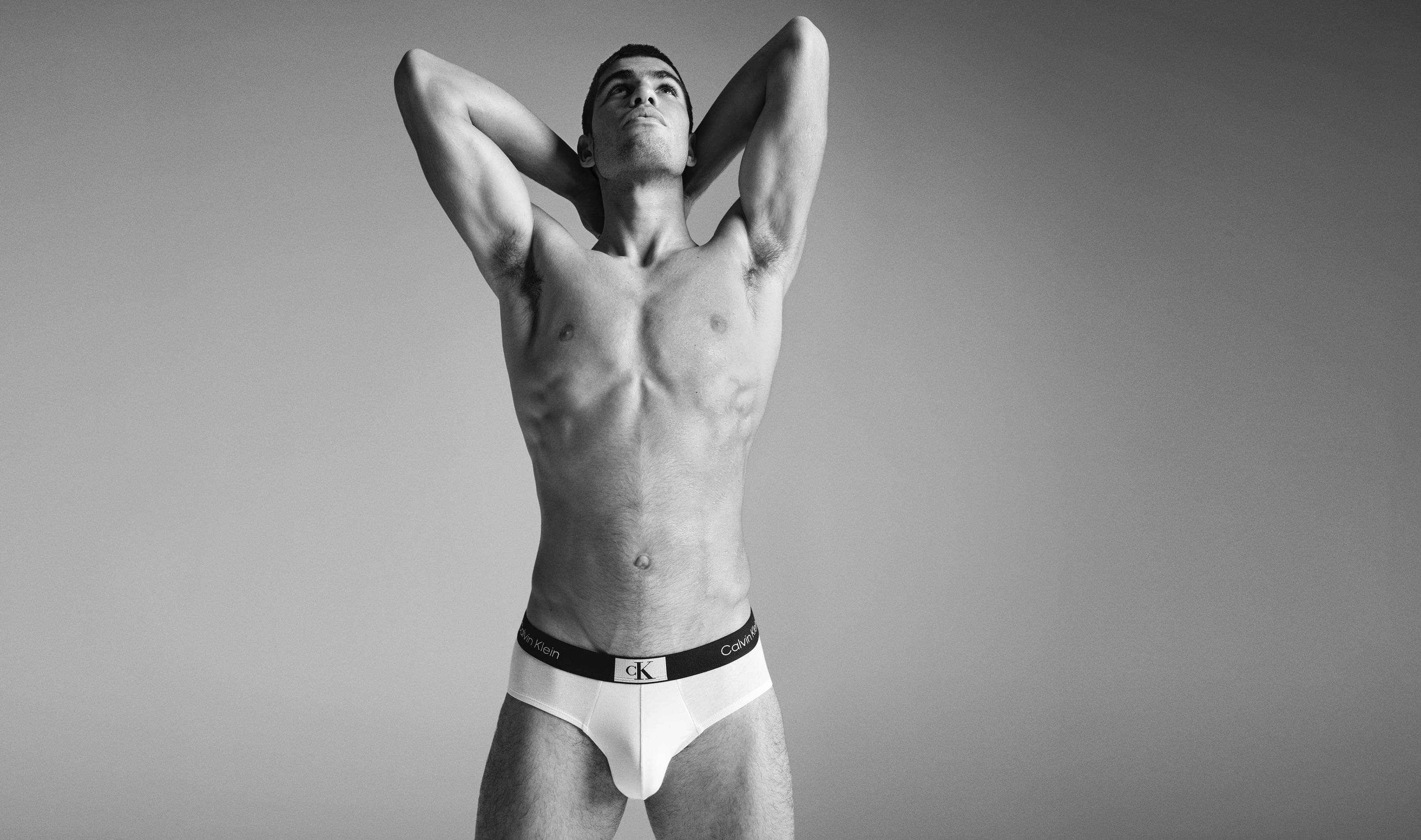 carlos alcaraz poses for Calvin Klein's 'Calvins or Nothing' Campaign, shot by Gray Sorrenti