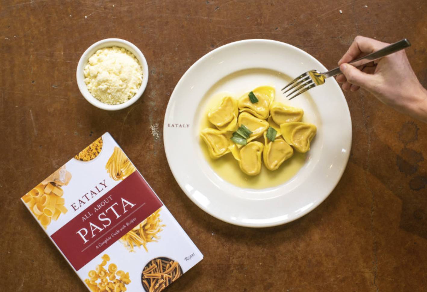 eataly ravioli with cheese and "all about pasta" cookbook