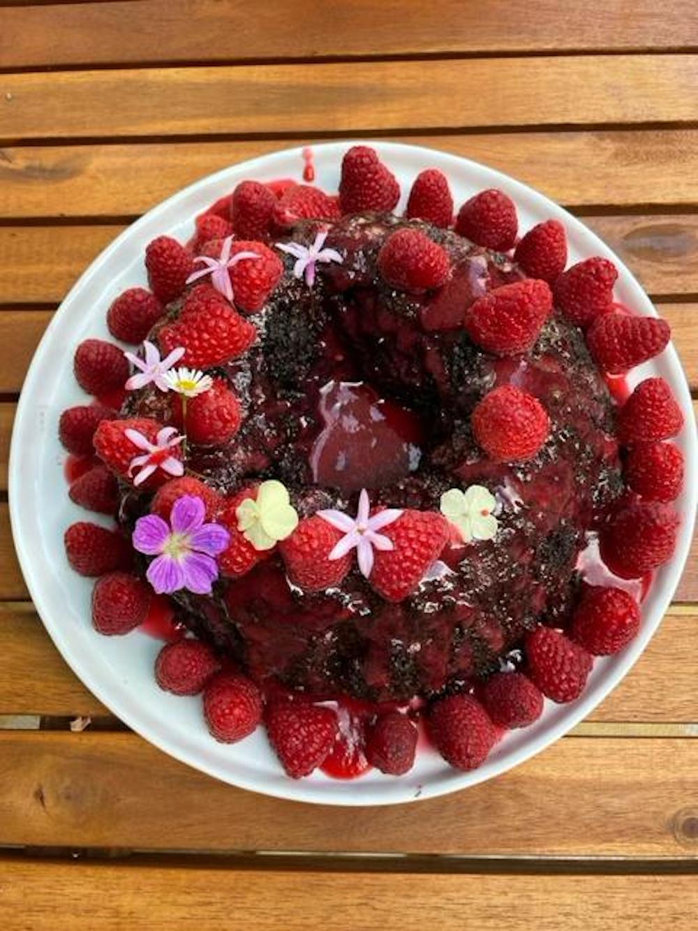 fonio chocolate cake with raspberry coulis by pierre thiam