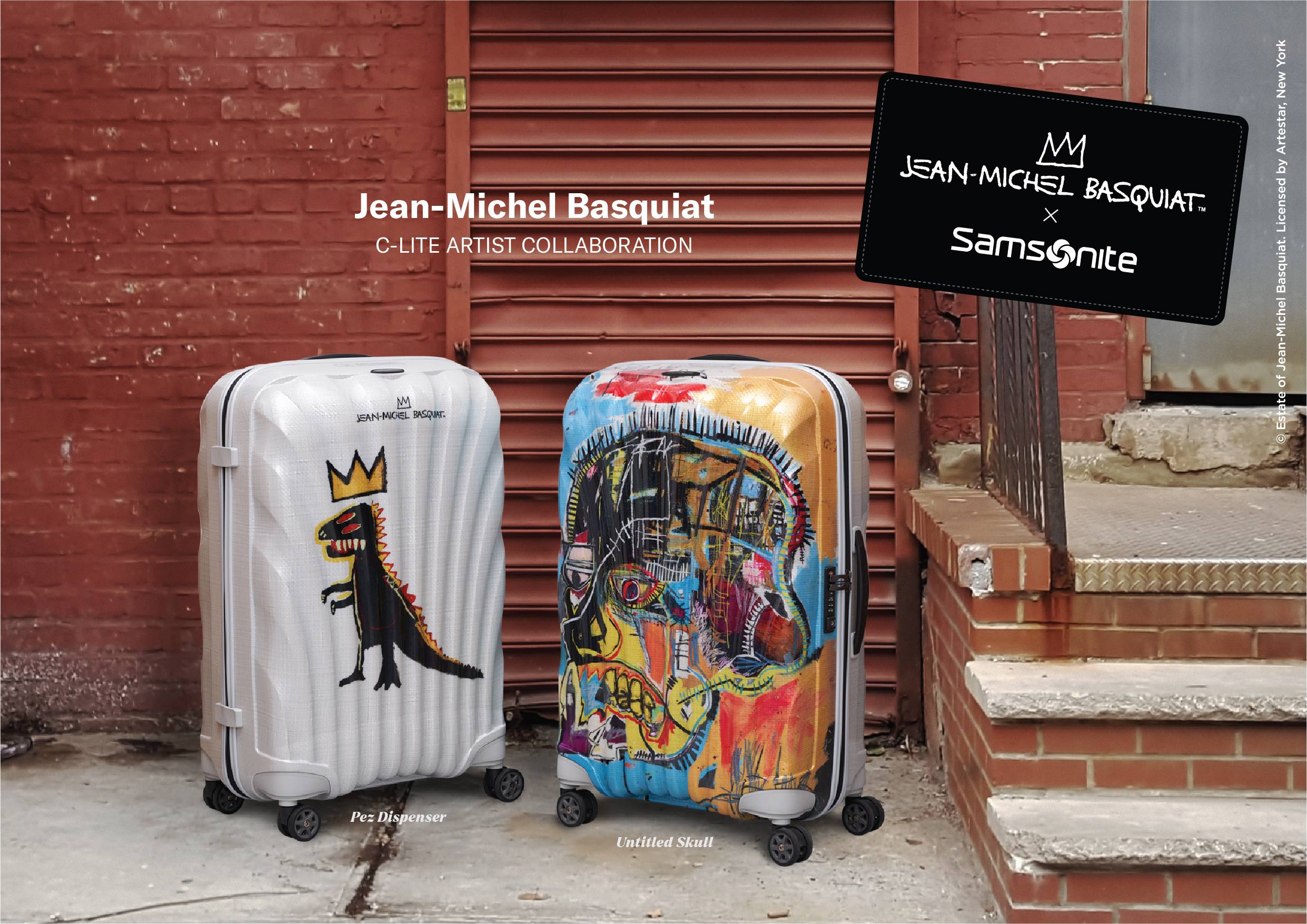 samsonite x jean-michel basquiat luggage pieces modeled in the street