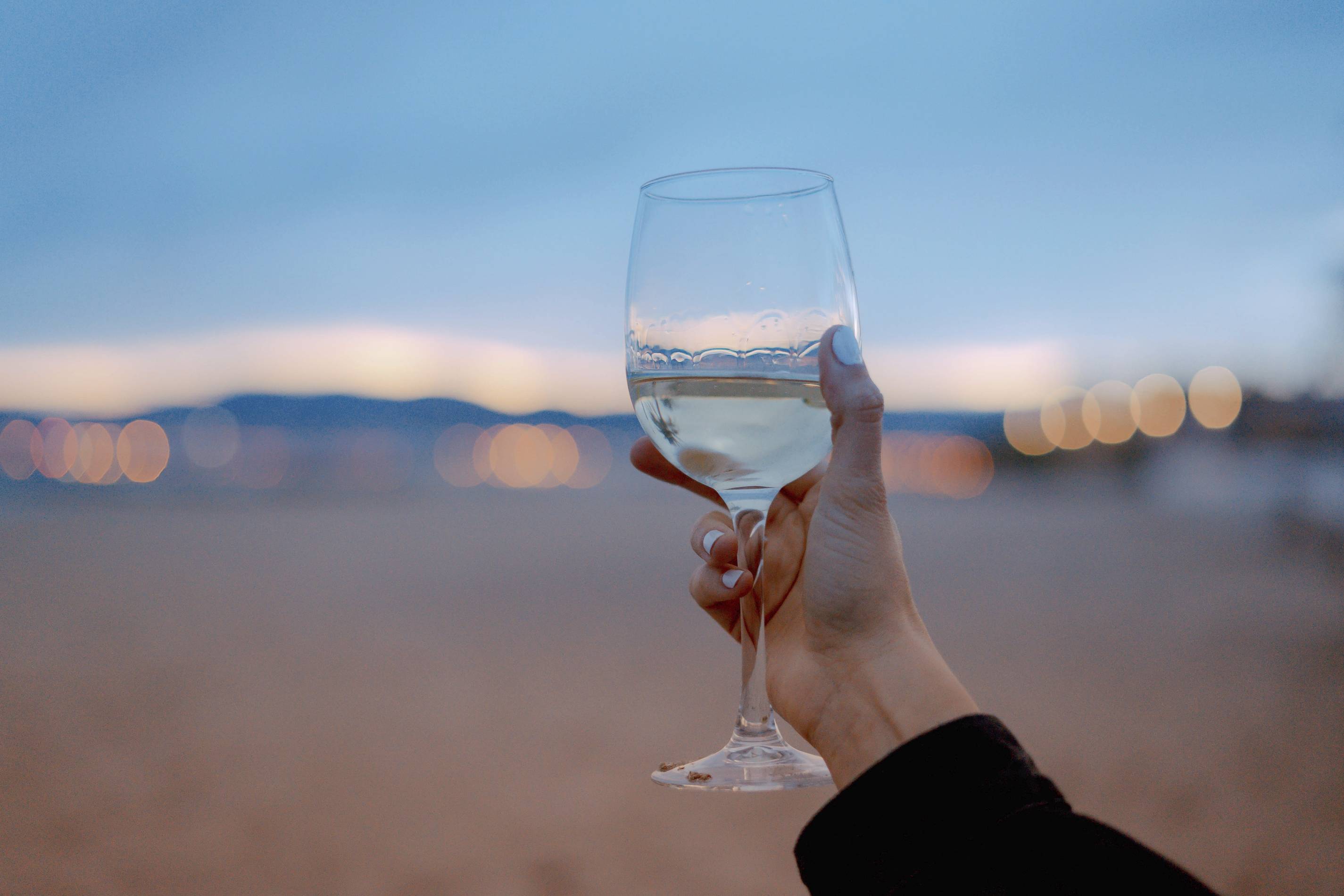 a woman holds a glass of white wine to the horizon